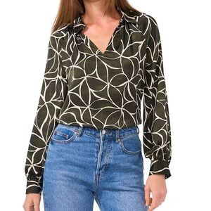 Leaf Print Woven Point Collar Split V-Neck Long Blouson Sleeve Shirttail Blouse